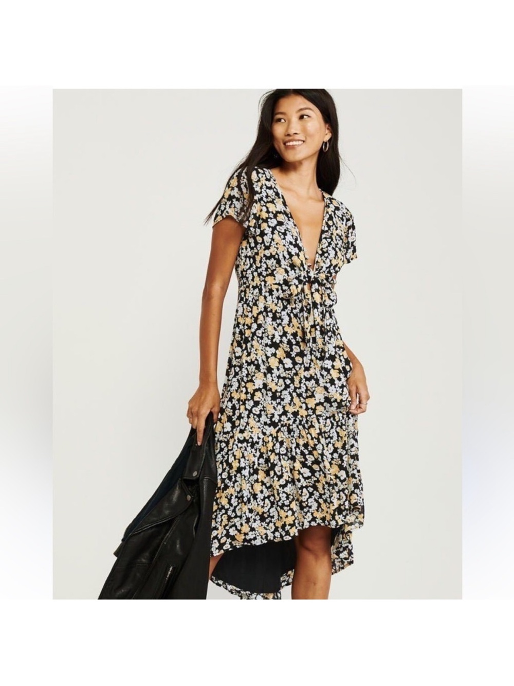 Abercrombie & Fitch Black Yellow Floral Midi Dress Size L